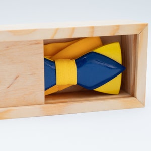 Wooden Bow Tie Yellow and Blue in Ukraine Colors with Personalized Wood Gift Box image 8