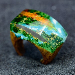 Bague forêt de montagne Bijoux personnalisés Cadeau 5e anniversaire Bague en bois et résine, Bijoux nature image 3