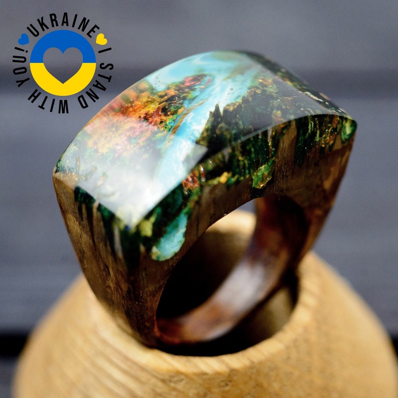 Mountain Forest Ring Personalized Jewelry 5th Anniversary Gift Wooden Resin Ring Nature Jewelry image 1