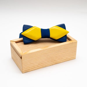 Blue and Yellow Wooden Bow Tie in Ukraine Colors with Personalized Wood Gift Box image 5