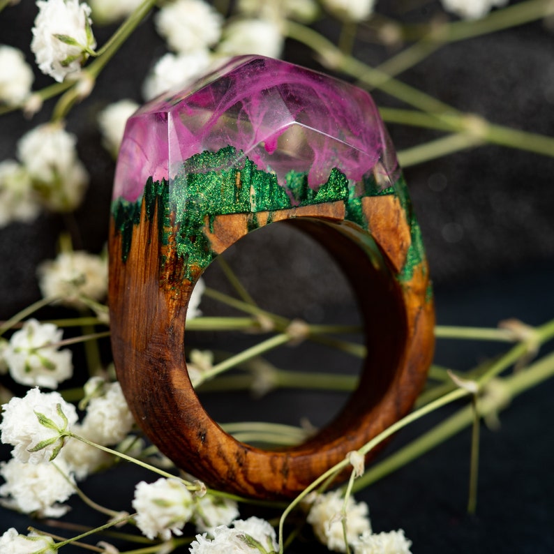 Pink Aurora Borealis Personalized Wood Resin Ring Anniversary Gift for Women image 5