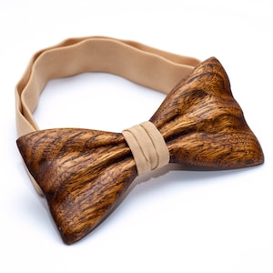 Brown Wooden Bow Tie For Men With Beige Stripe in Hardwood Gift Box image 1