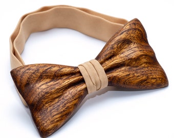 Brown Wooden Bow Tie For Men With Beige Stripe in Hardwood Gift Box