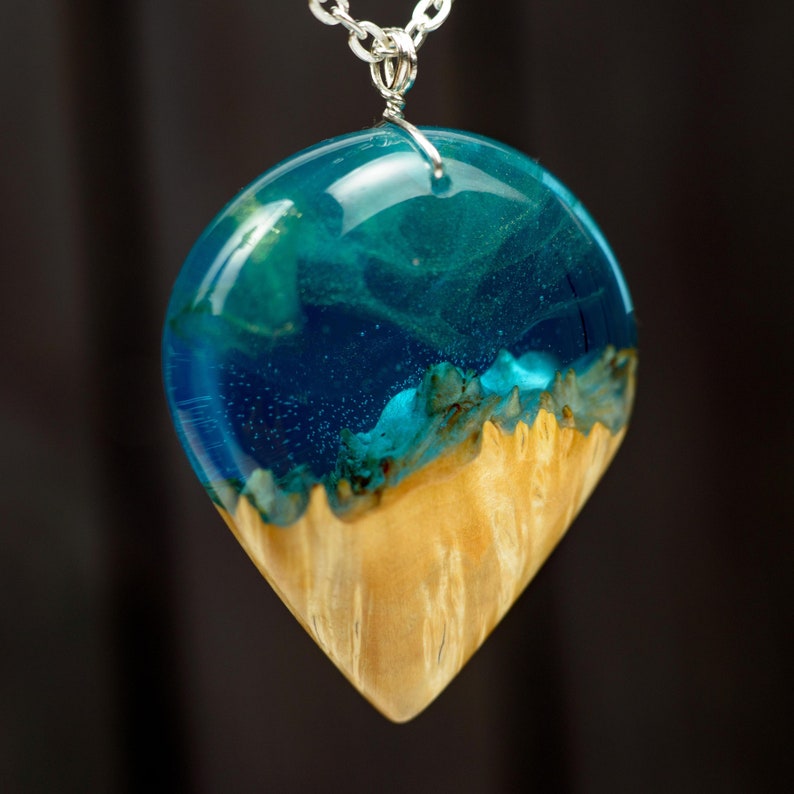 Wood Resin Necklace, Aurora Borealis Pendant, Wood Resin Jewelry, Night Sky Pendant 5th Anniversary Gift for Wife image 2