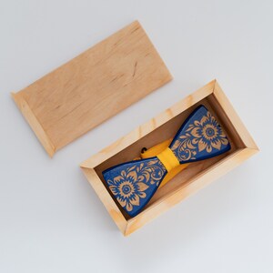 Ukraine National Emblem Wooden Bow Tie for Men in Personalized Wood Gift Box Stand With Ukraine image 2