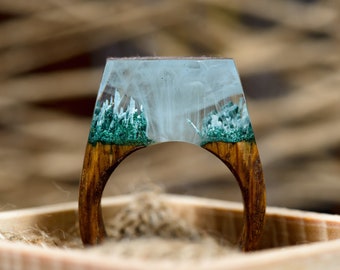 Wood Resin Ring For Women Two Mountain Landscape Anniversary Gift for Her