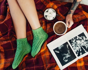 Hand Knit Wool Socks Gift For Wife Short Socks for Women Green Bootsocks  Fall Socks Christmas Gift