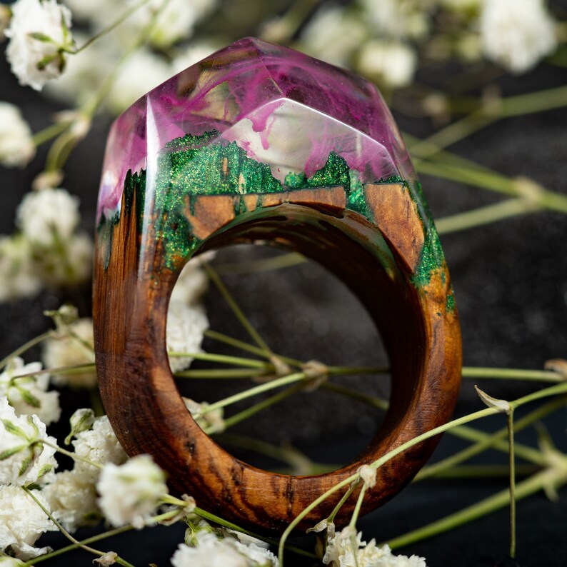 Pink Aurora Borealis Personalized Wood Resin Ring Anniversary Gift for Women image 2