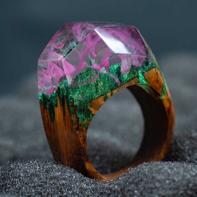 Pink Aurora Borealis Personalized Wood Resin Ring Anniversary Gift for Women image 1