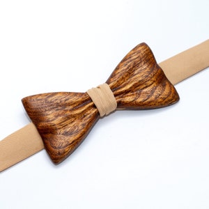 Brown Wooden Bow Tie For Men With Beige Stripe in Hardwood Gift Box image 3