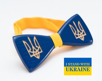 Ukraine National Emblem Wooden Bow Tie for Men in Personalized Wood Gift Box Stand With Ukraine