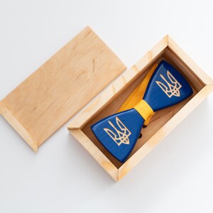 Ukraine National Emblem Wooden Bow Tie for Men in Personalized Wood Gift Box Stand With Ukraine image 5