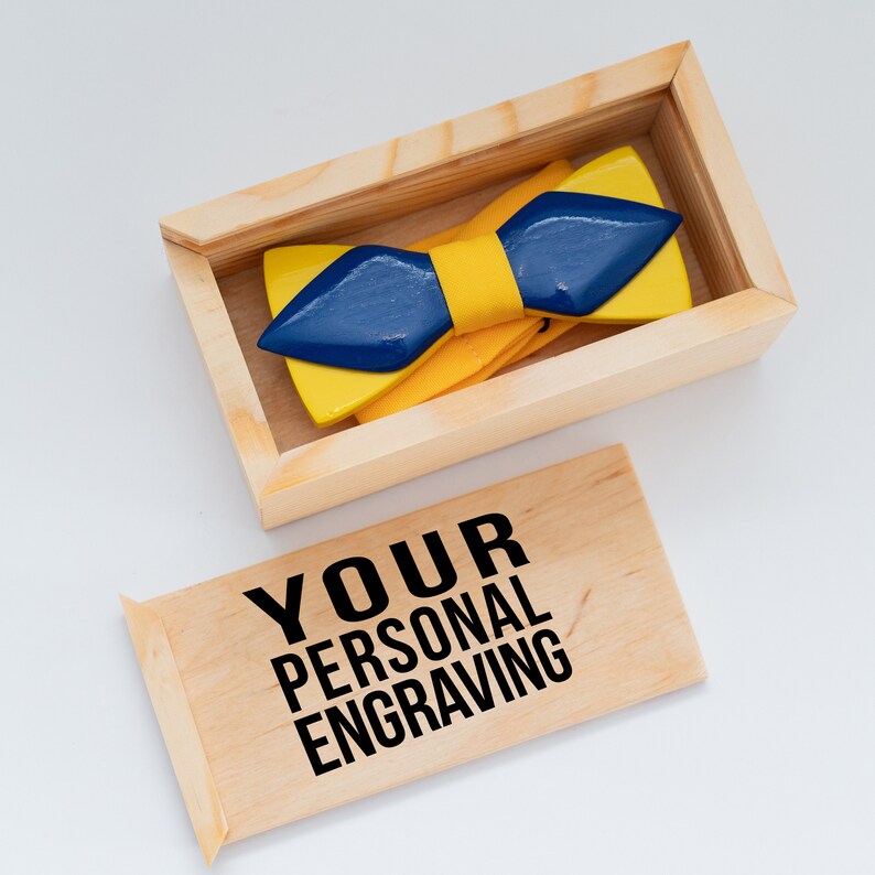 Wooden Bow Tie Yellow and Blue in Ukraine Colors with Personalized Wood Gift Box image 6