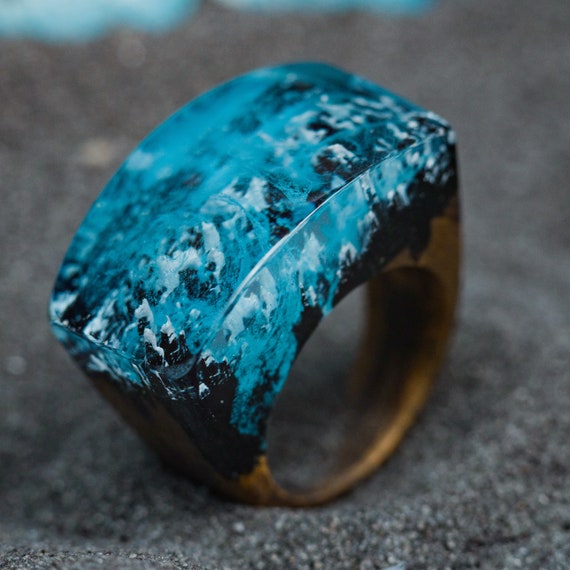 Aurora Borealis Resin Ring: Handmade Oak Wood Band