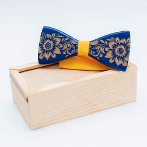 Ukraine National Emblem Wooden Bow Tie for Men in Personalized Wood Gift Box Stand With Ukraine image 4