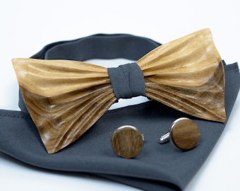 Walnut Wooden Bow Tie with Pocket Square and Cufflinks set. Wood Wedding Bowtie