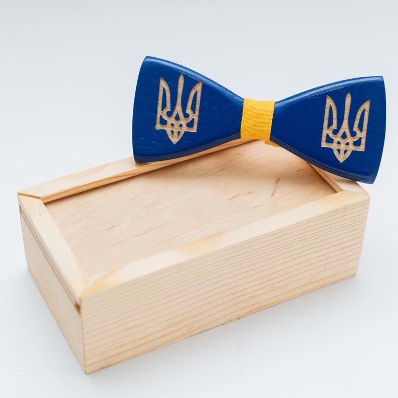 Ukraine National Emblem Wooden Bow Tie for Men in Personalized Wood Gift Box Stand With Ukraine image 7