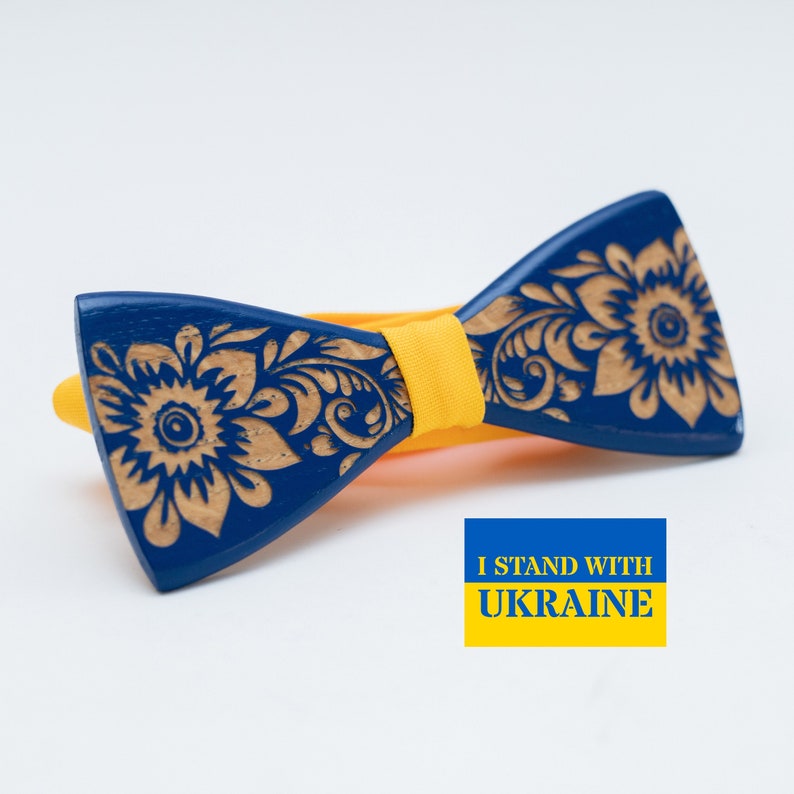 Ukraine National Emblem Wooden Bow Tie for Men in Personalized Wood Gift Box Stand With Ukraine image 1