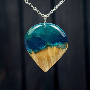 Wood Resin Necklace, Aurora Borealis Pendant, Wood Resin Jewelry, Night Sky Pendant 5th Anniversary Gift for Wife