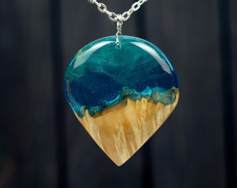 Wood Resin Necklace, Aurora Borealis Pendant, Wood Resin Jewelry, Night Sky Pendant 5th Anniversary Gift for Wife