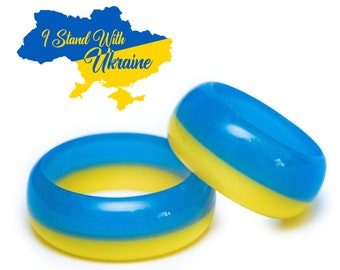 Handmade Ukraine Flag Resin Ring | Personalized Engraved Wooden Box | Patriotic Jewelry