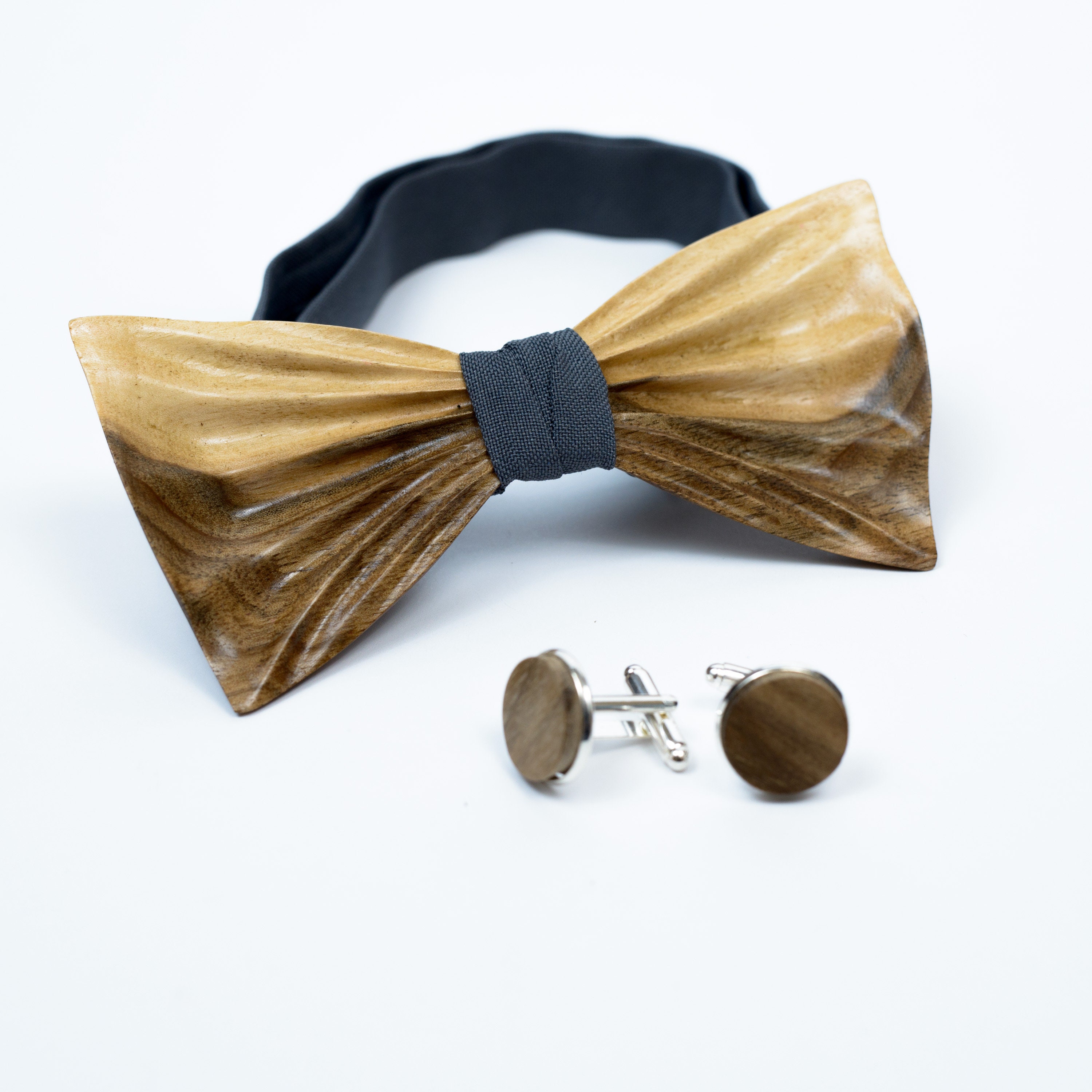 Holzfliege Herren-Set Mit Manschettenknöpfe & Einstecktuch - Naturlook Für Hochzeit & Fest