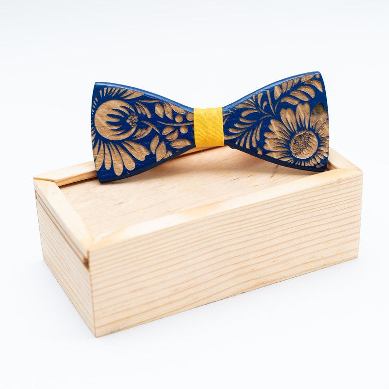 Ukraine National Emblem Wooden Bow Tie for Men in Personalized Wood Gift Box Stand With Ukraine image 3