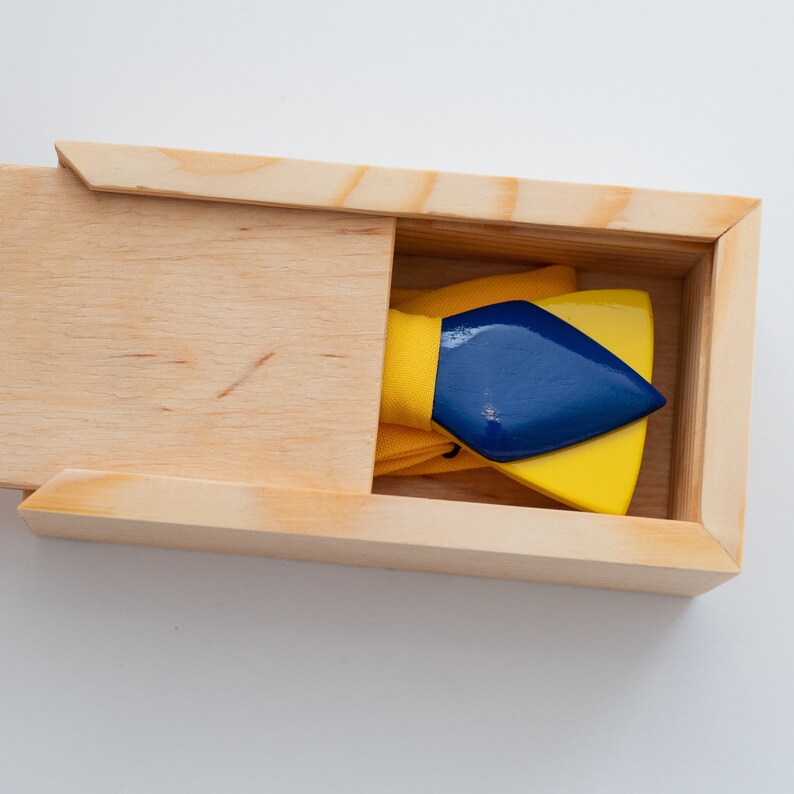 Wooden Bow Tie Yellow and Blue in Ukraine Colors with Personalized Wood Gift Box image 7