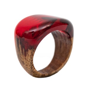 Handmade in Ukraine Ruby Red Wooden Resin Ring,Unisex Natural Wood And Resin Ring, Low Profile Red Ring in Personalied Gift Box image 5