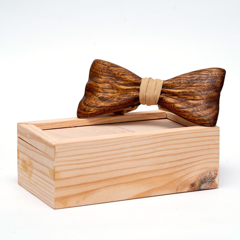 Brown Wooden Bow Tie For Men With Beige Stripe in Hardwood Gift Box image 4