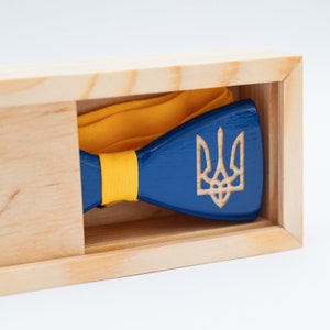 Ukraine National Emblem Wooden Bow Tie for Men in Personalized Wood Gift Box Stand With Ukraine image 6