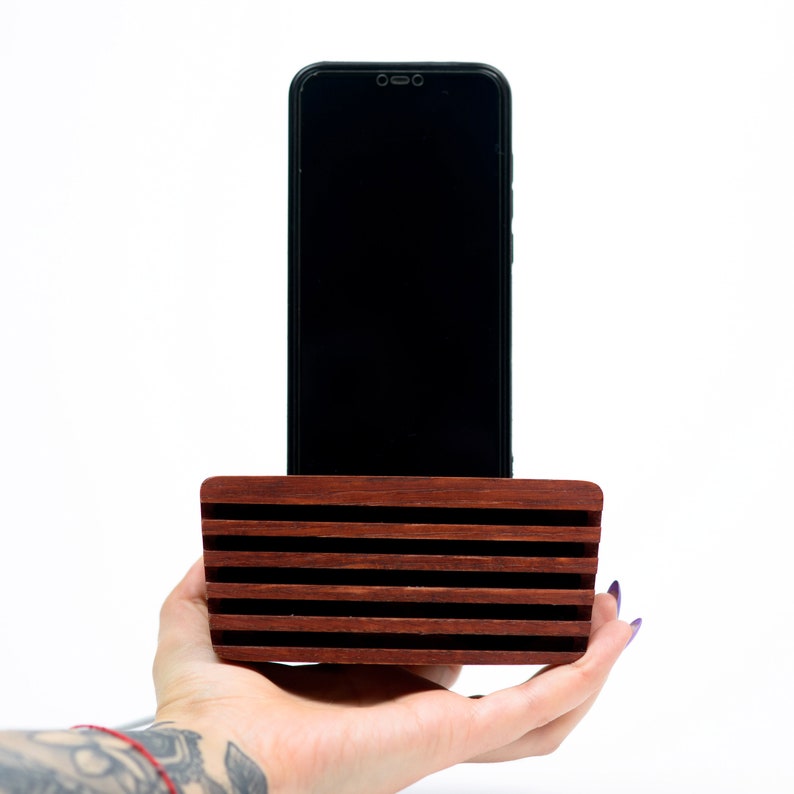 Custom Engraved 5th anniversary gift Rustic Wooden Speaker Phone Holder image 10