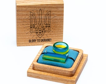 Handmade Ukraine Flag Resin Ring and Pendant Set | Personalized Engraved Wooden Box | Patriotic Ukrainian Jewelry