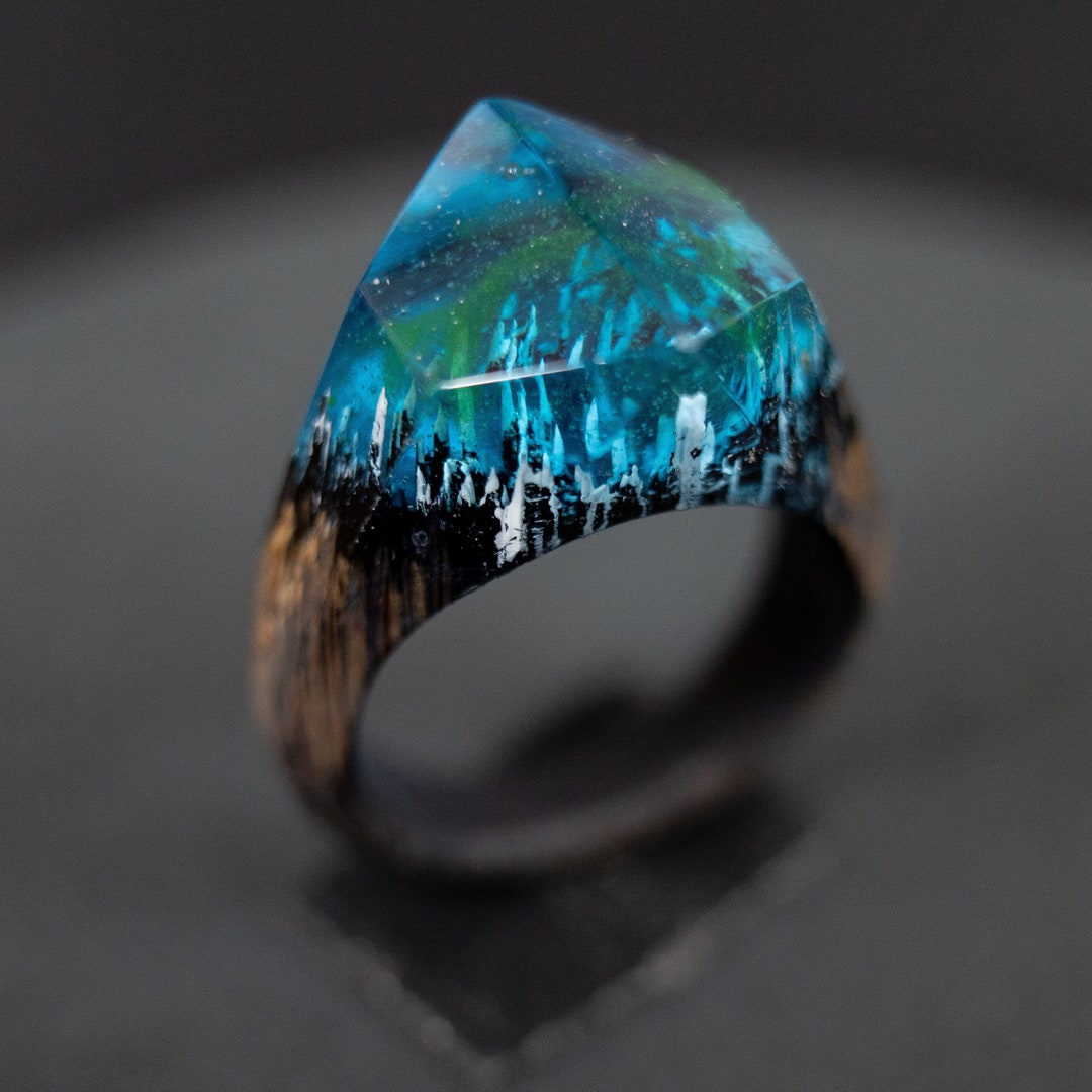 Aurora Borealis Resin Ring: Northern Lights Landscape, Oak Wood Band