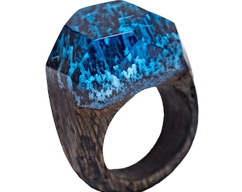 Winter Berge Hölzerner Harz Ring Blauer Epoxidharz Ring Personalisiertes Holz Harz Schmuck Geschenk für sie Ukraine Geschäft