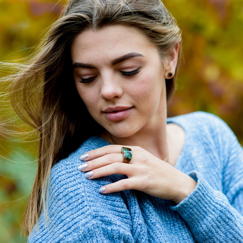 Mountain Forest Ring Personalized Jewelry 5th Anniversary Gift Wooden Resin Ring Nature Jewelry image 7