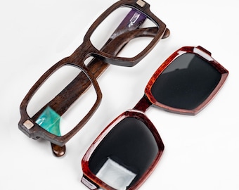 Red Wooden Sunglasses on Magnetic Clip – Natural Wood Prescription Eyewear
