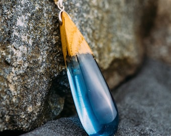 Handmade Wood Resin Teardrop Necklace: 5th Anniversary Gift