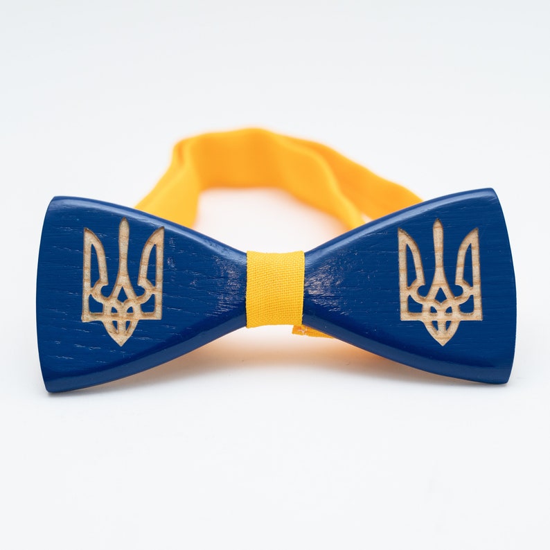 Ukraine National Emblem Wooden Bow Tie for Men in Personalized Wood Gift Box Stand With Ukraine image 3