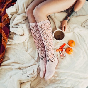 Lacy over the knee socks crochet knee high socks pink tight lacy leg warmers Gift Ukraine Shop