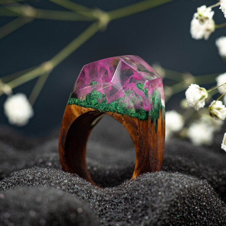 Pink Aurora Borealis Personalized Wood Resin Ring Anniversary Gift for Women image 4
