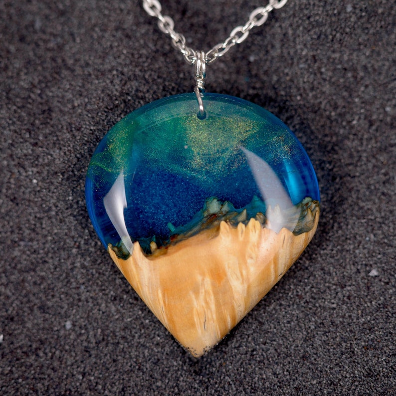 Wood Resin Necklace Aurora Borealis Pendant Wood Resin Etsy