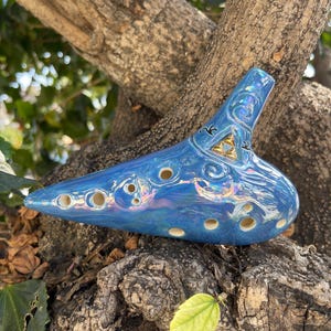 Peut inclure: Ocarina bleue avec une finition nacrée, posée sur une branche d'arbre. L'instrument en céramique comporte plusieurs trous pour les doigts et des volutes décoratives. Un emblème triangulaire doré est visible à l'avant.