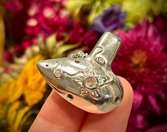 Sakura Flower Baby Ocarina - Pink + 2 small clear gemstones - Silver ocarina - READY TO SHIP