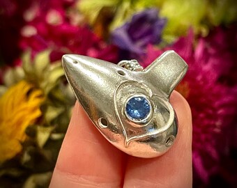 Blue Heart Baby Ocarina - Blue cubic zirconia - Silver ocarina - READY TO SHIP