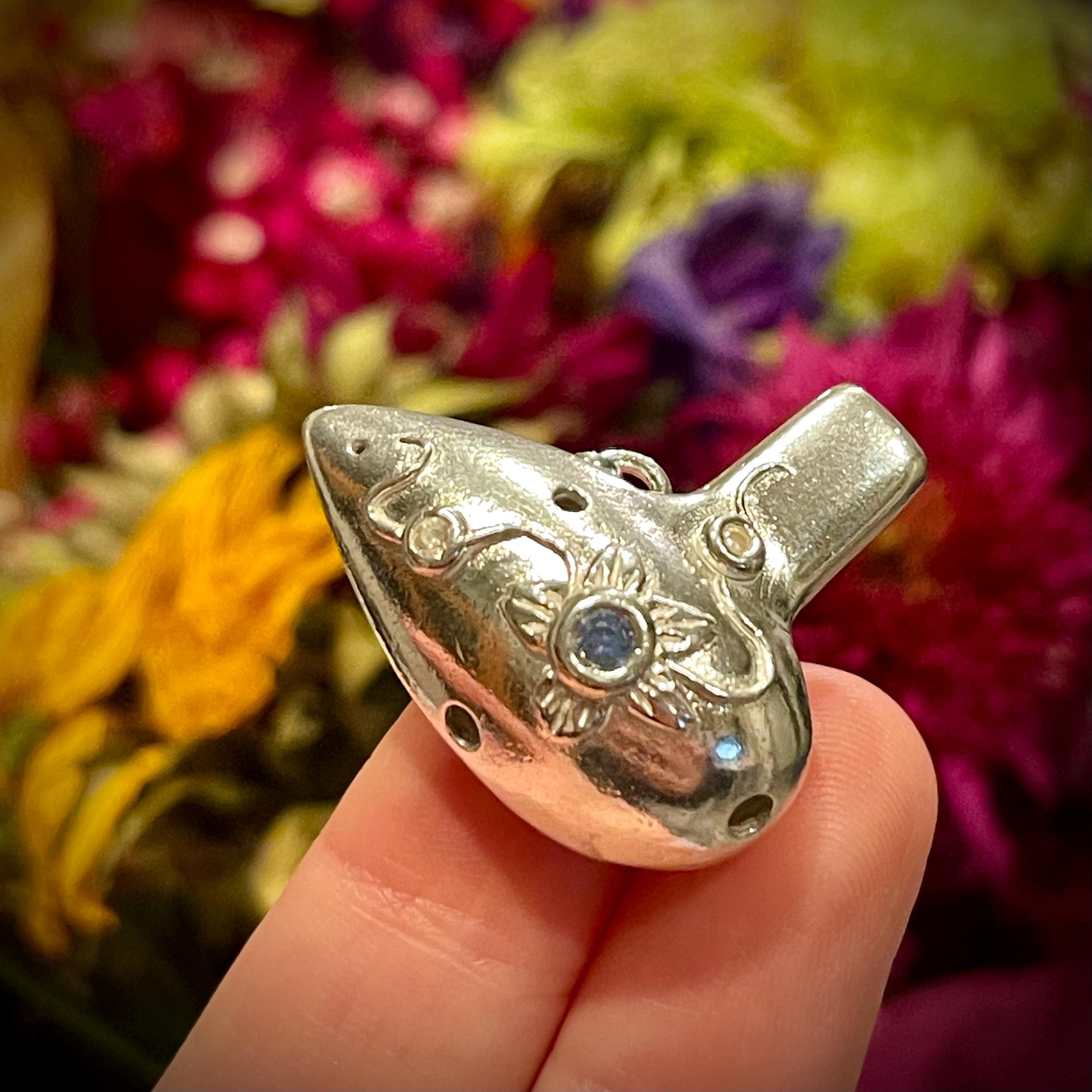 Sakura Flower Baby Ocarina - Blue + 2 small clear gemstones - Silver ocarina - READY TO SHIP