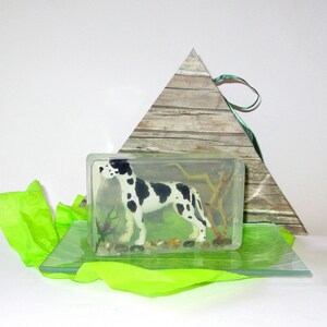 Puede incluir: Una barra de jab&oacute;n rectangular transparente con una figurita de perro d&aacute;lmata en blanco y negro en su interior. La barra de jab&oacute;n est&aacute; sobre una superficie de vidrio transparente y verde.