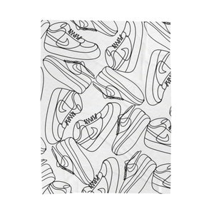 May include: A black and white line drawing pattern of sneakers. The sneakers are drawn in a simple, minimalist style.