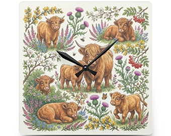 Relógio de parede em acrílico com família de vacas das Terras Altas | Decoração floral com animais para fazenda