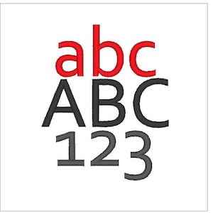 Puede incluir: Letras minúsculas rojas "abc" y letras mayúsculas negras "ABC" y números "123" en una fuente simple.